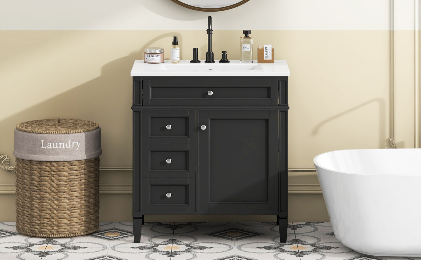 30'' Modern Bathroom Vanity with Ceramic Sink and Storage - Black