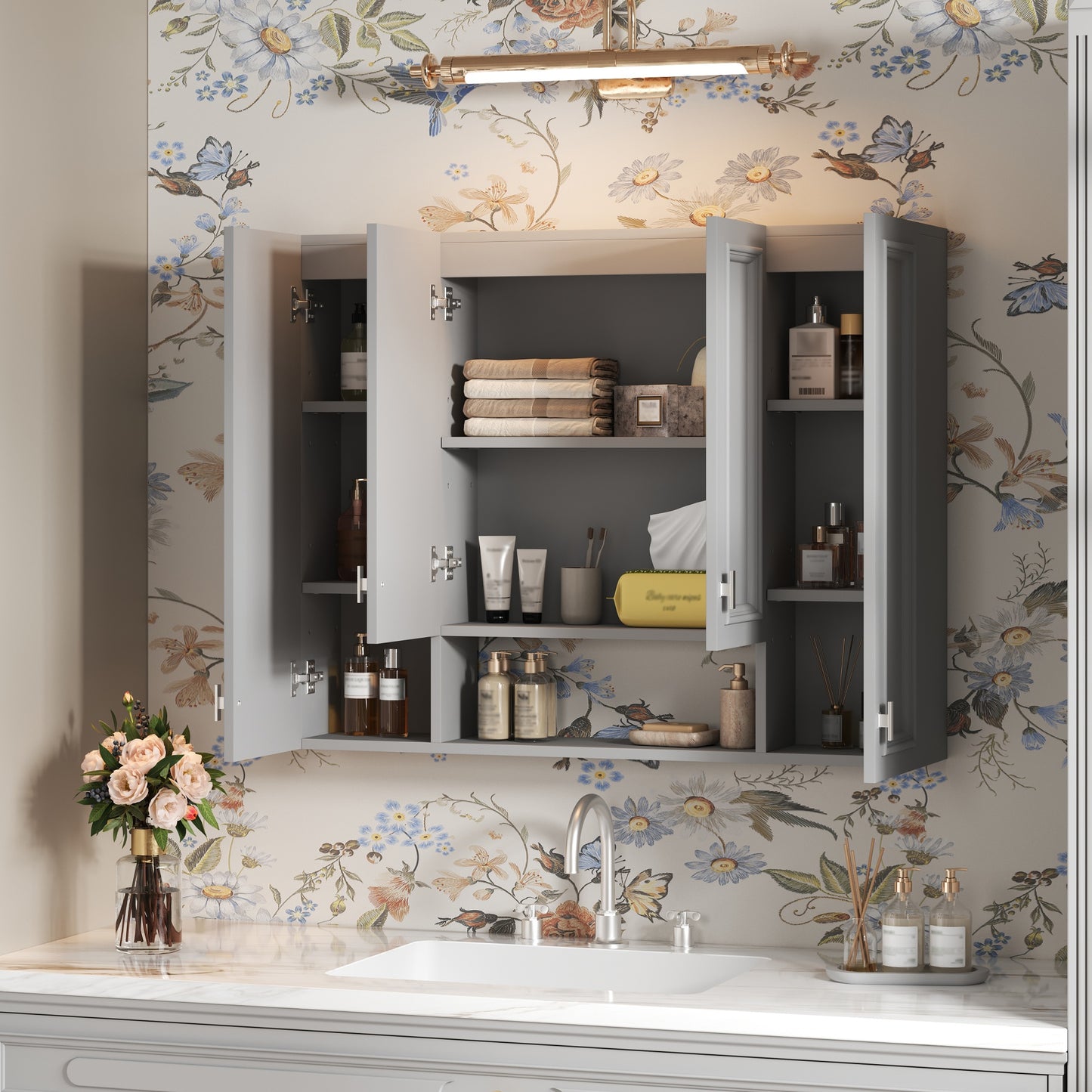 Wall-Mounted Modern Bathroom Cabinet with 5 Adjustable Shelves - Gray