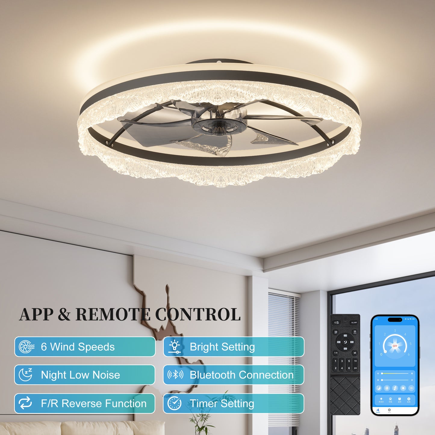 Quiet Ceiling Fan with Light - LED Crystal Flush Mount Design