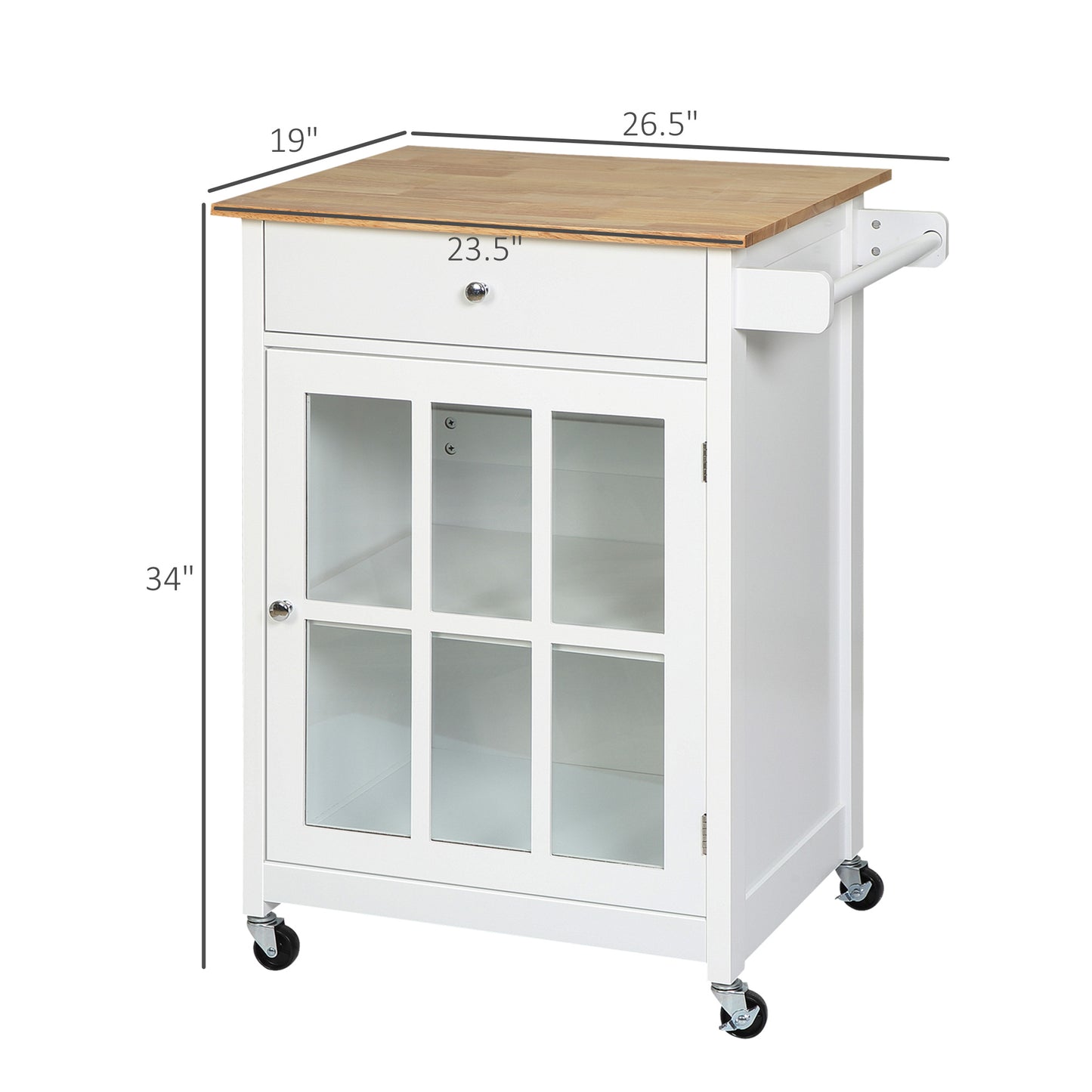Rolling Kitchen Island Cart with Drawer & Glass Door Cabinet - White