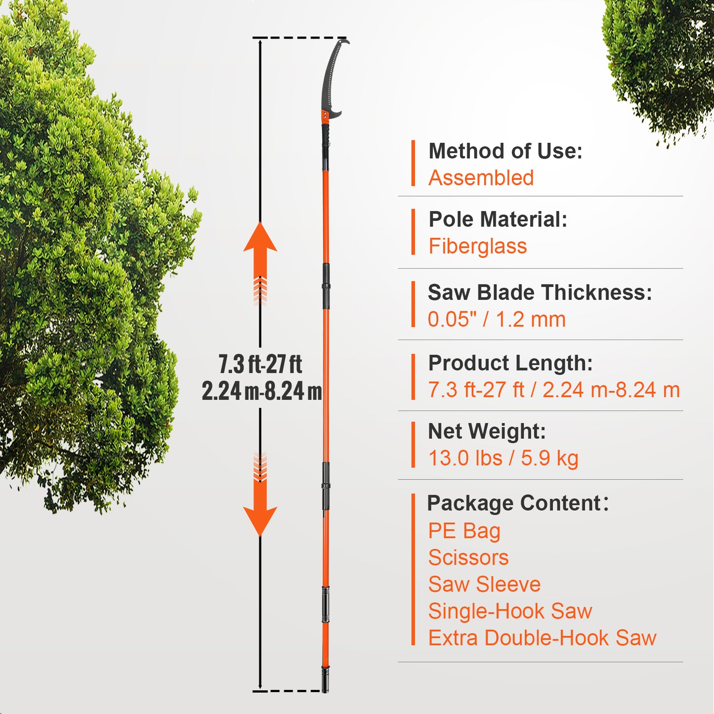 Extendable Pole Saw 7.3-27 Ft Tree Pruner with Steel Blade & Fiberglass Handle