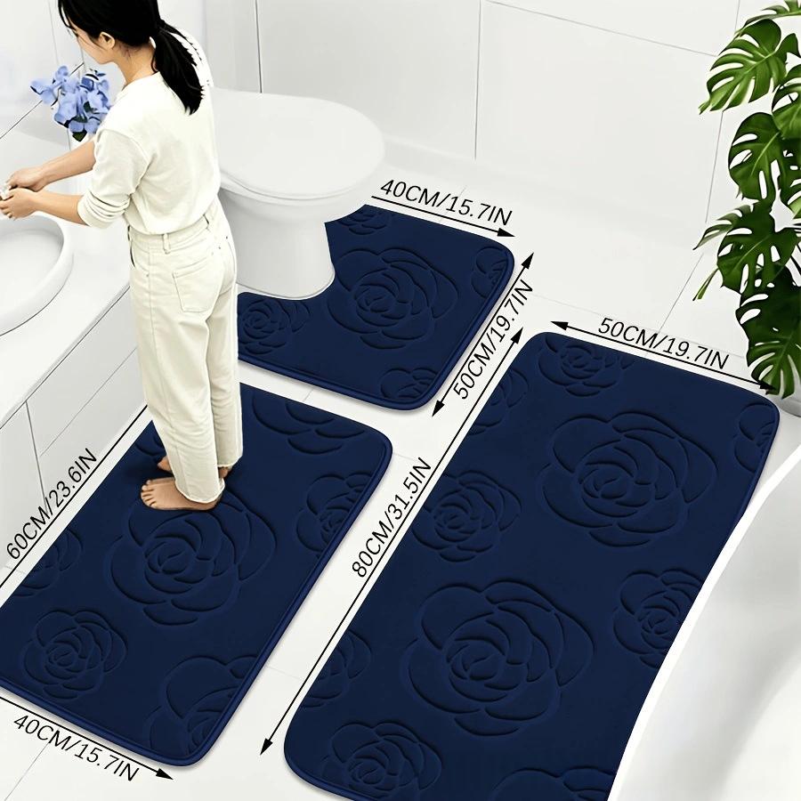 Rose Patterned Non-Slip Coral Fleece Bathroom Mat Set - Gray