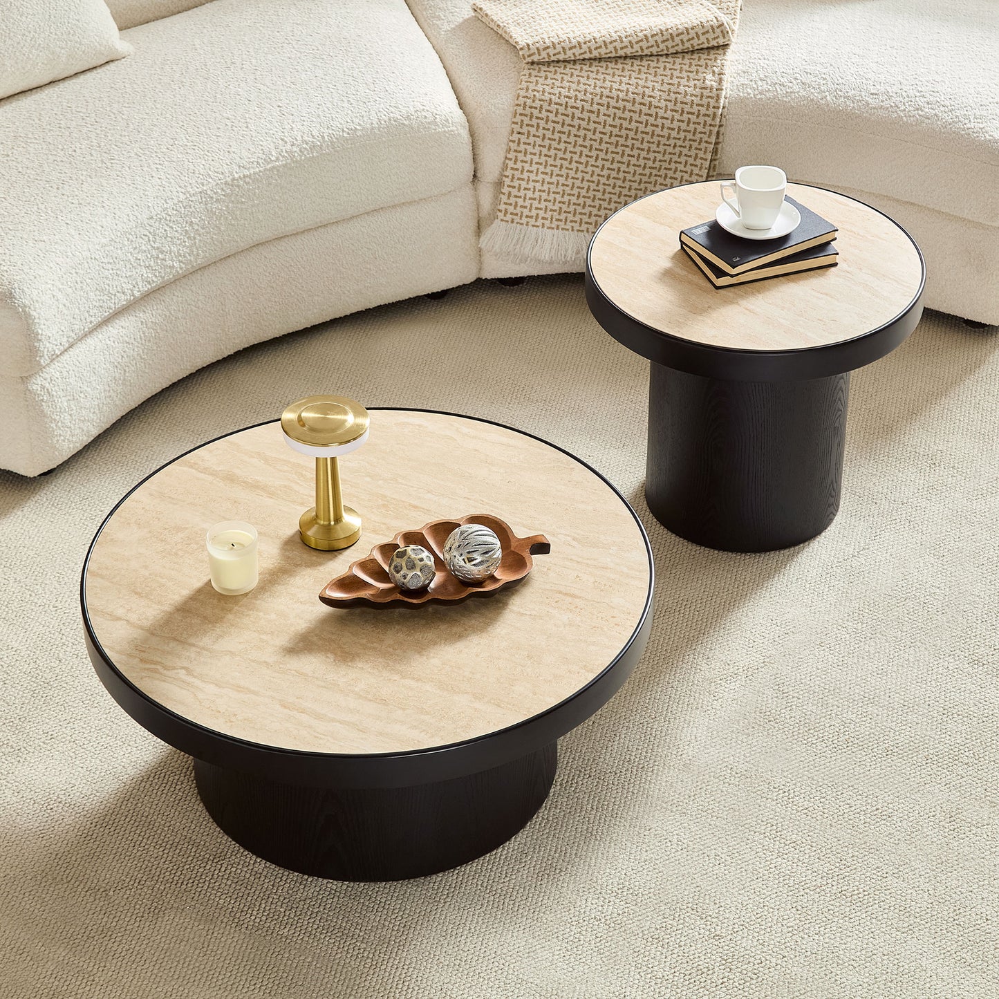 Set of 2 Round Coffee Tables - MDF with Sintered Stone Top - Black