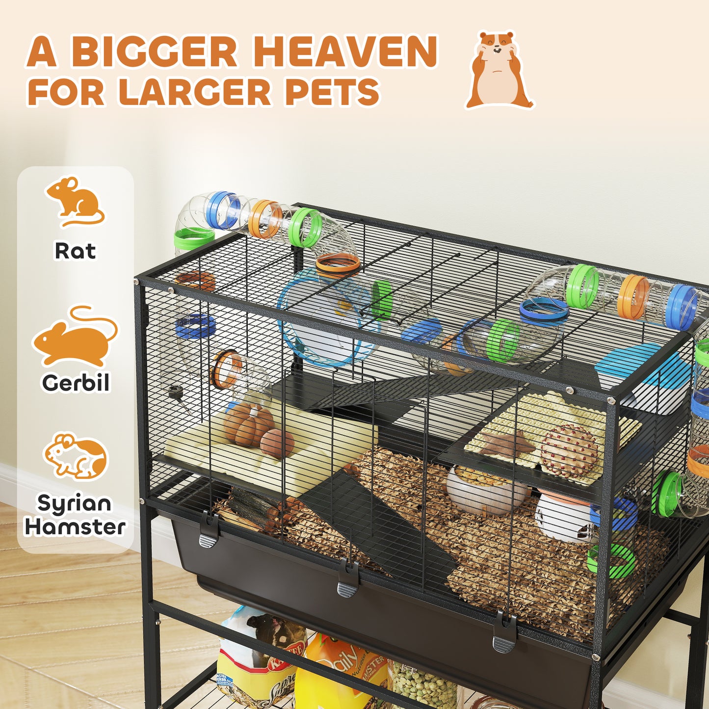 3-Tier Hamster Cage with Deep Tray, Exercise Wheel & Storage Shelf - Black