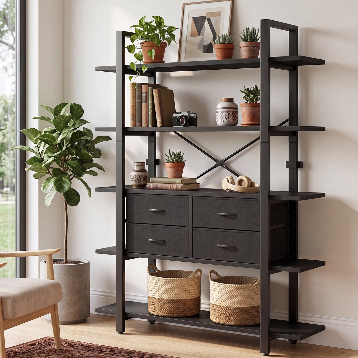 5-Tier Industrial Bookshelf with 4 Drawers - Open Display Bookcase