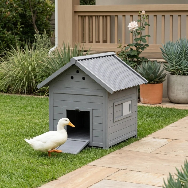 Wooden Duck Coop with Openable Roof & Double Doors - Light Gray Pet House