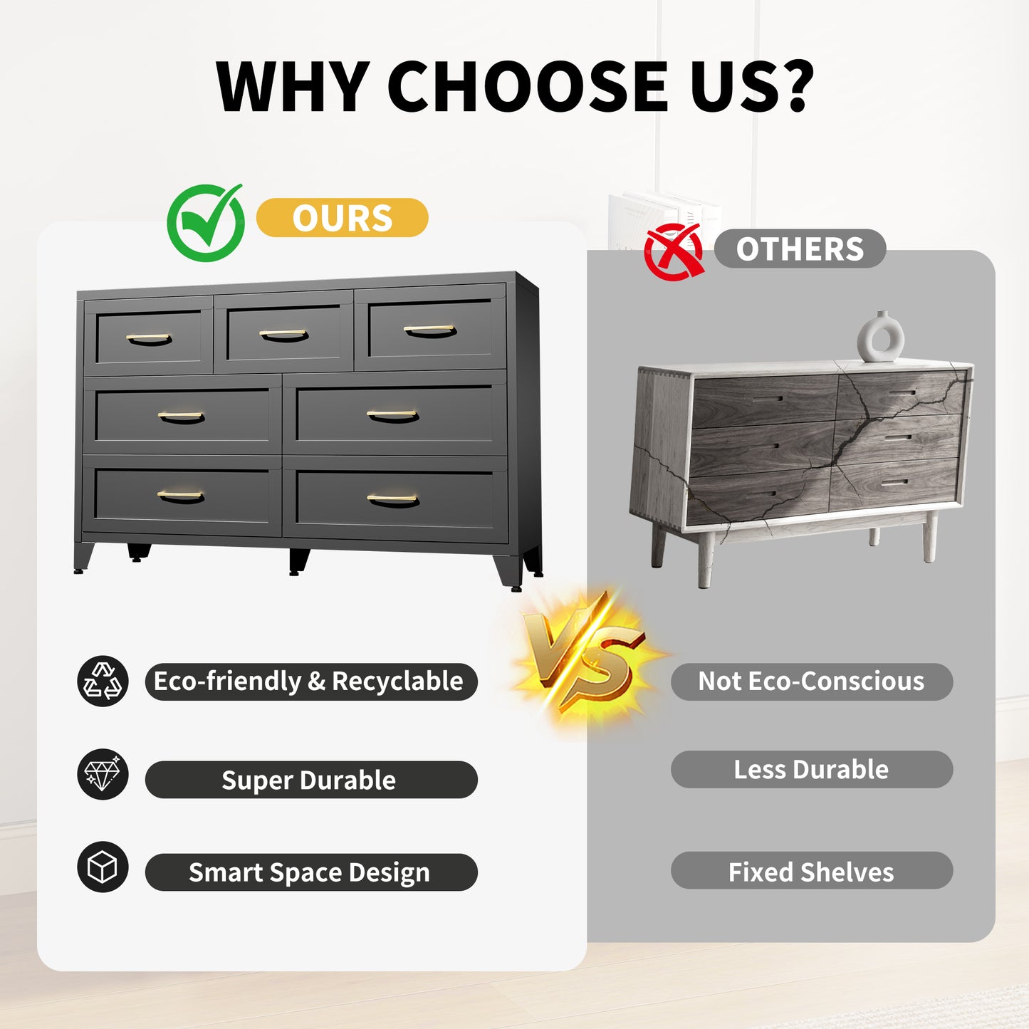 7-Drawer Black Metal Dresser - Low-Profile Storage Cabinet