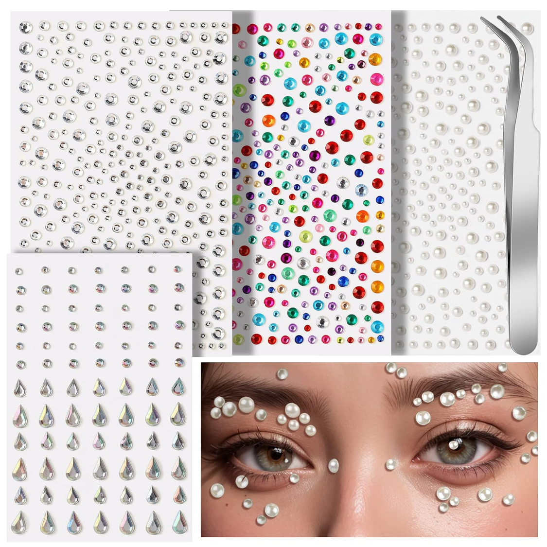 Self-Adhesive Face Gems and Hair Pearls - 4 Sheet Festival Makeup Set