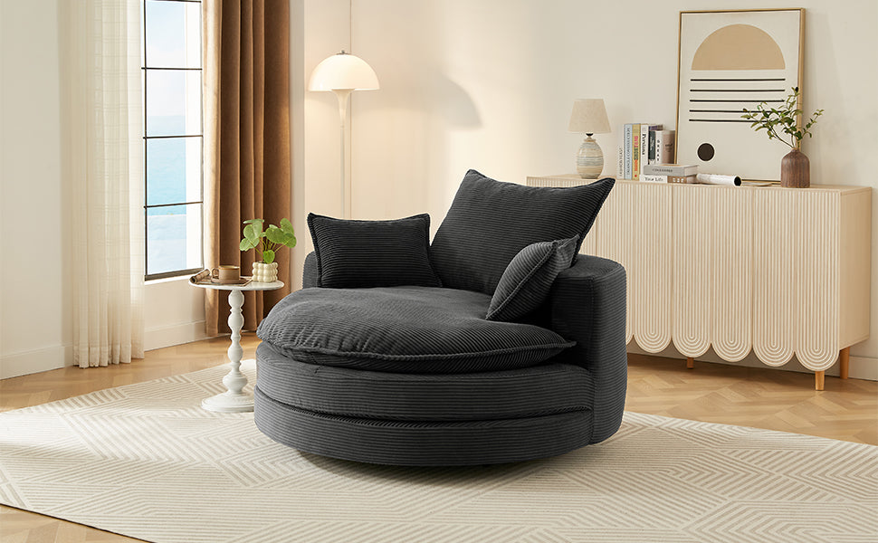 Oversized 360° Swivel Chair with Dual-Layer Cushions - Black