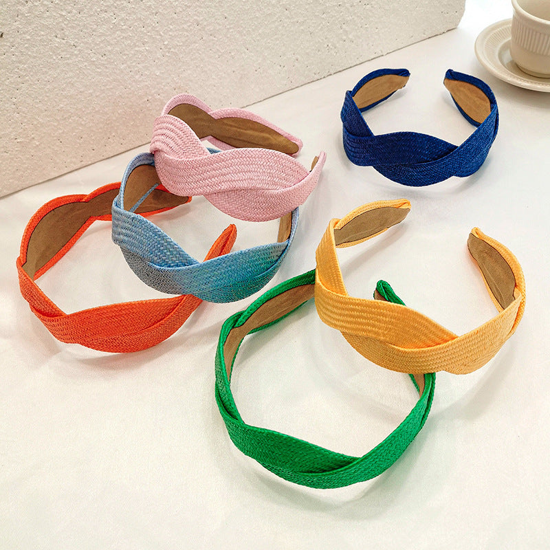 Wide-Brimmed Straw Headband, Retro Korean Style