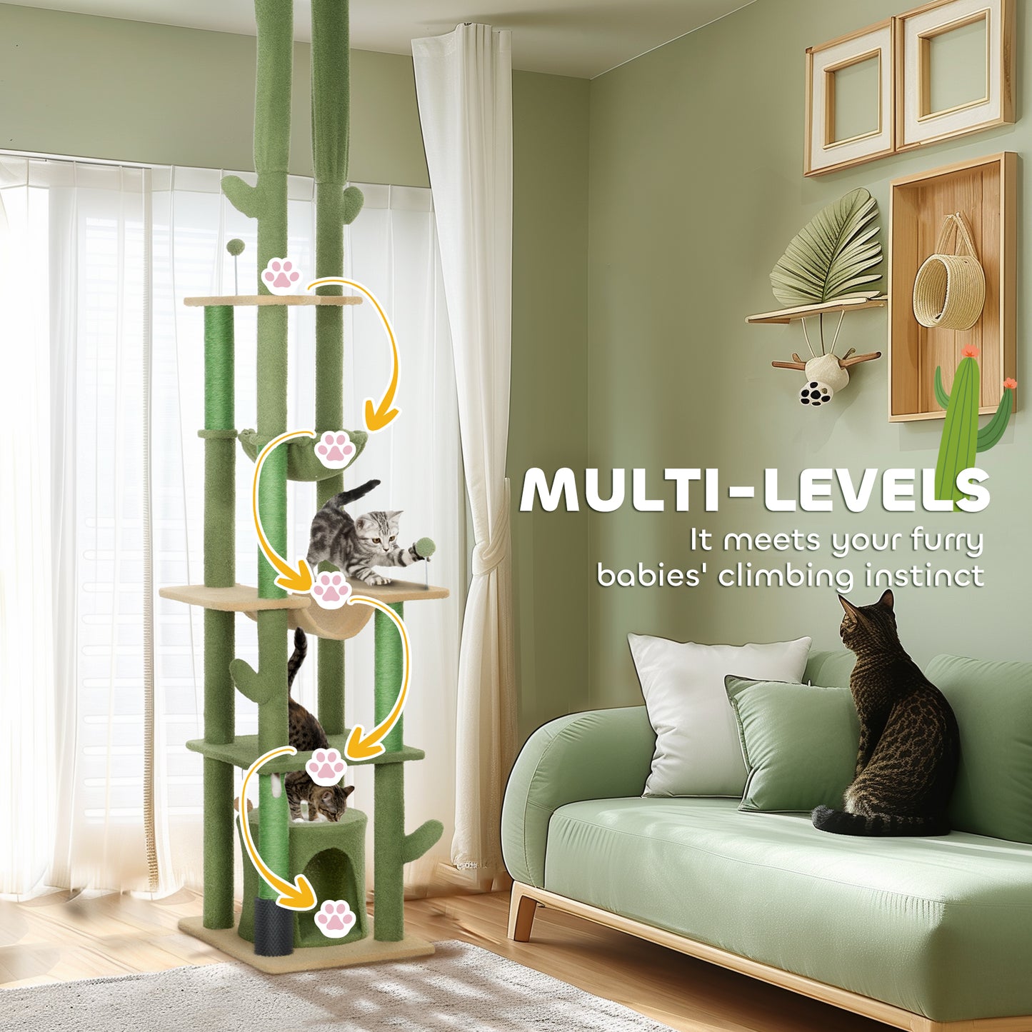 Adjustable Floor-to-Ceiling Cat Tree with Condos & Hammocks - Green