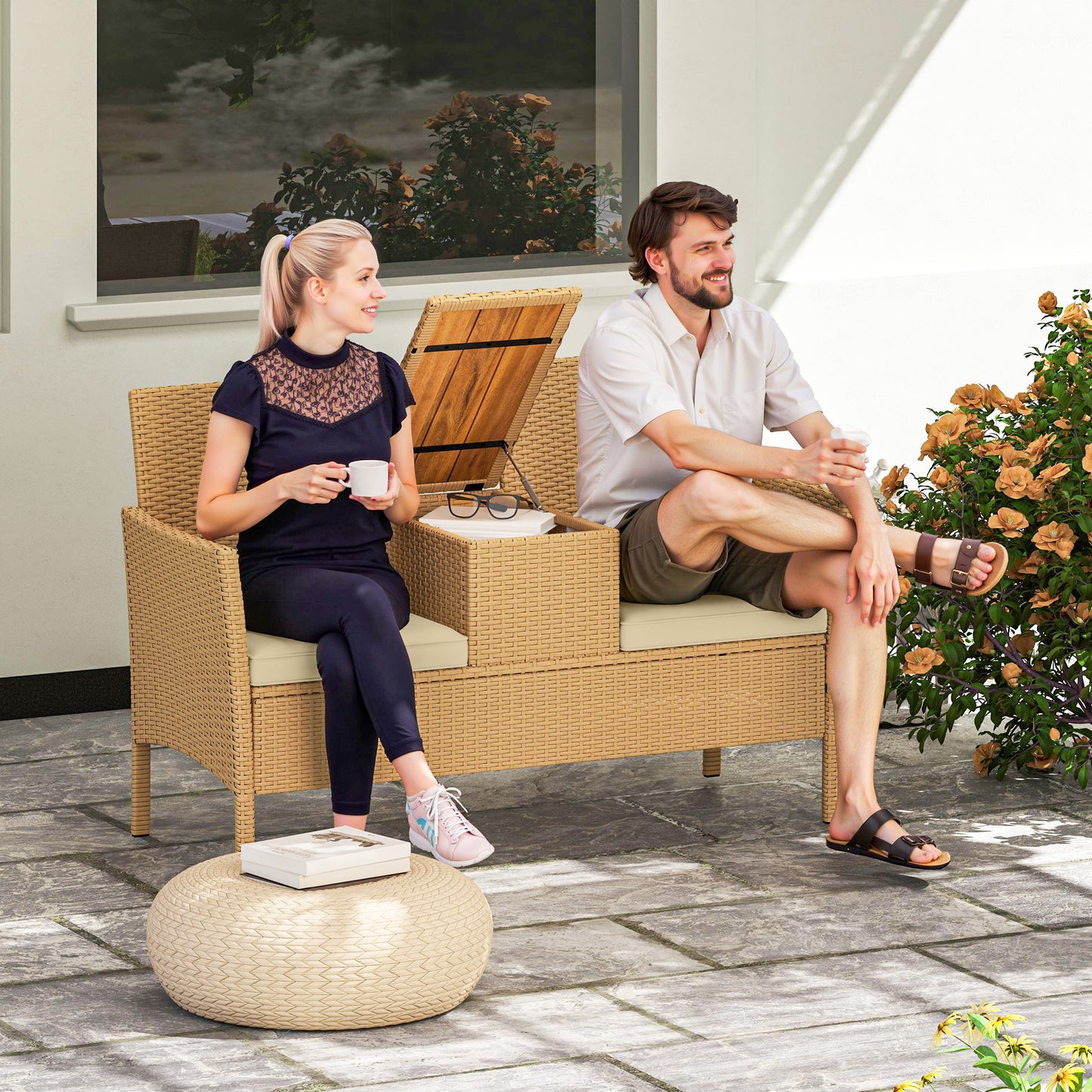Patio Wicker Loveseat with Flip-Top Table & Cushions - Khaki