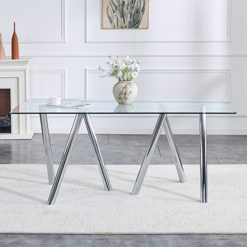 71-Inch Tempered Glass Dining Table with Metal Legs - White