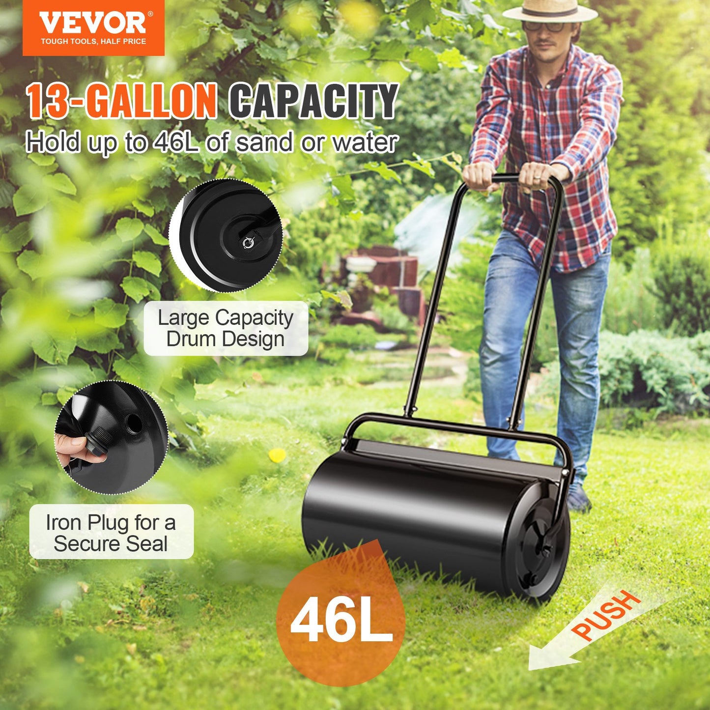Garden Lawn Roller 13 Gallon Steel Sand Water Filled Push & Pull Yard Tool Black