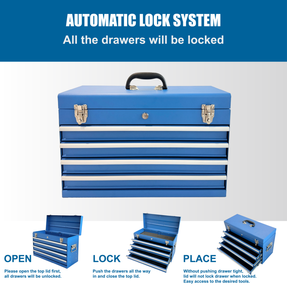 Heavy Duty Metal Tool Box with 4 Drawers - 21-inch Portable Steel Storage Chest, Locking & Powder Coated Finish, Blue