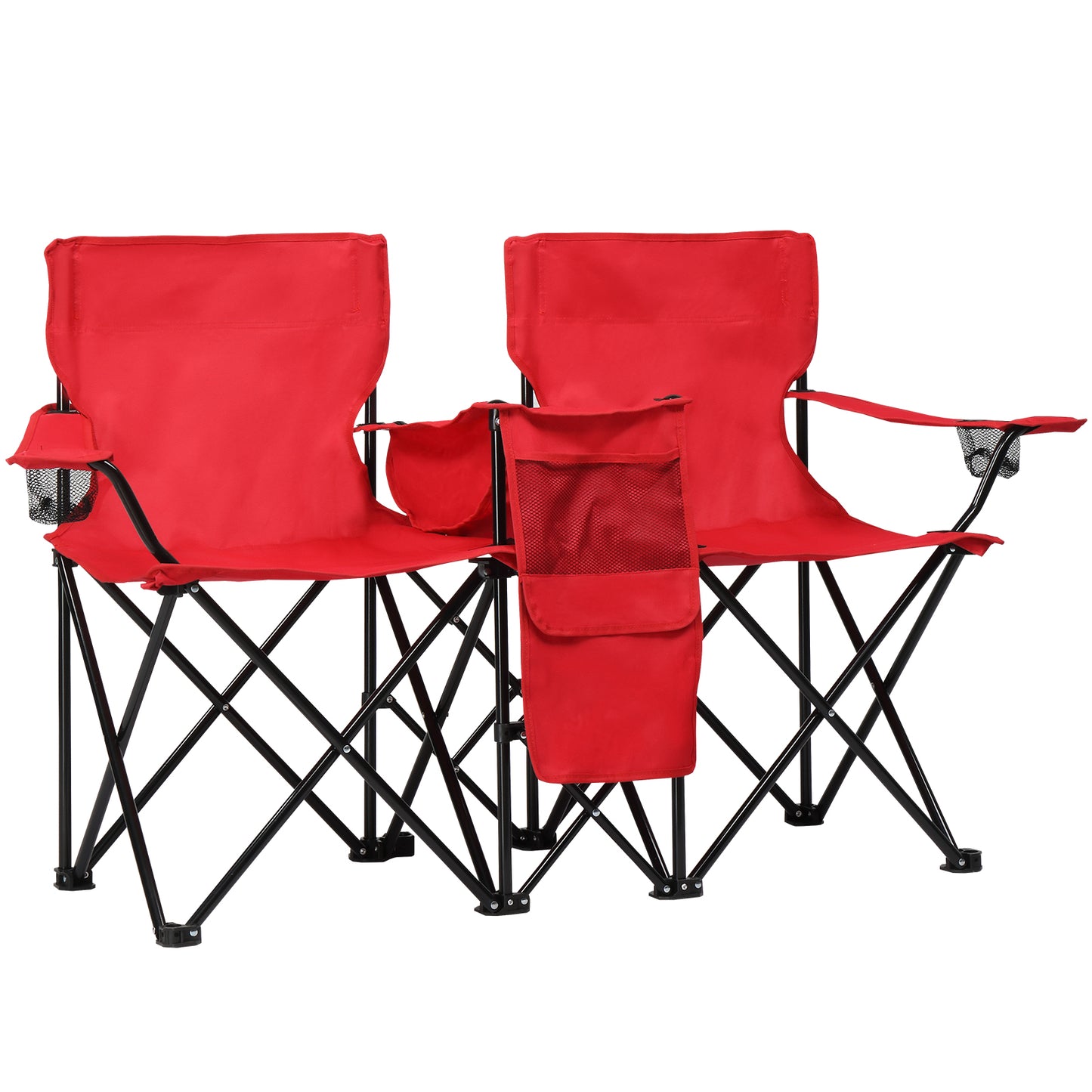 Folding Double Camping Chair with Removable Umbrella & Cup Holders - Red