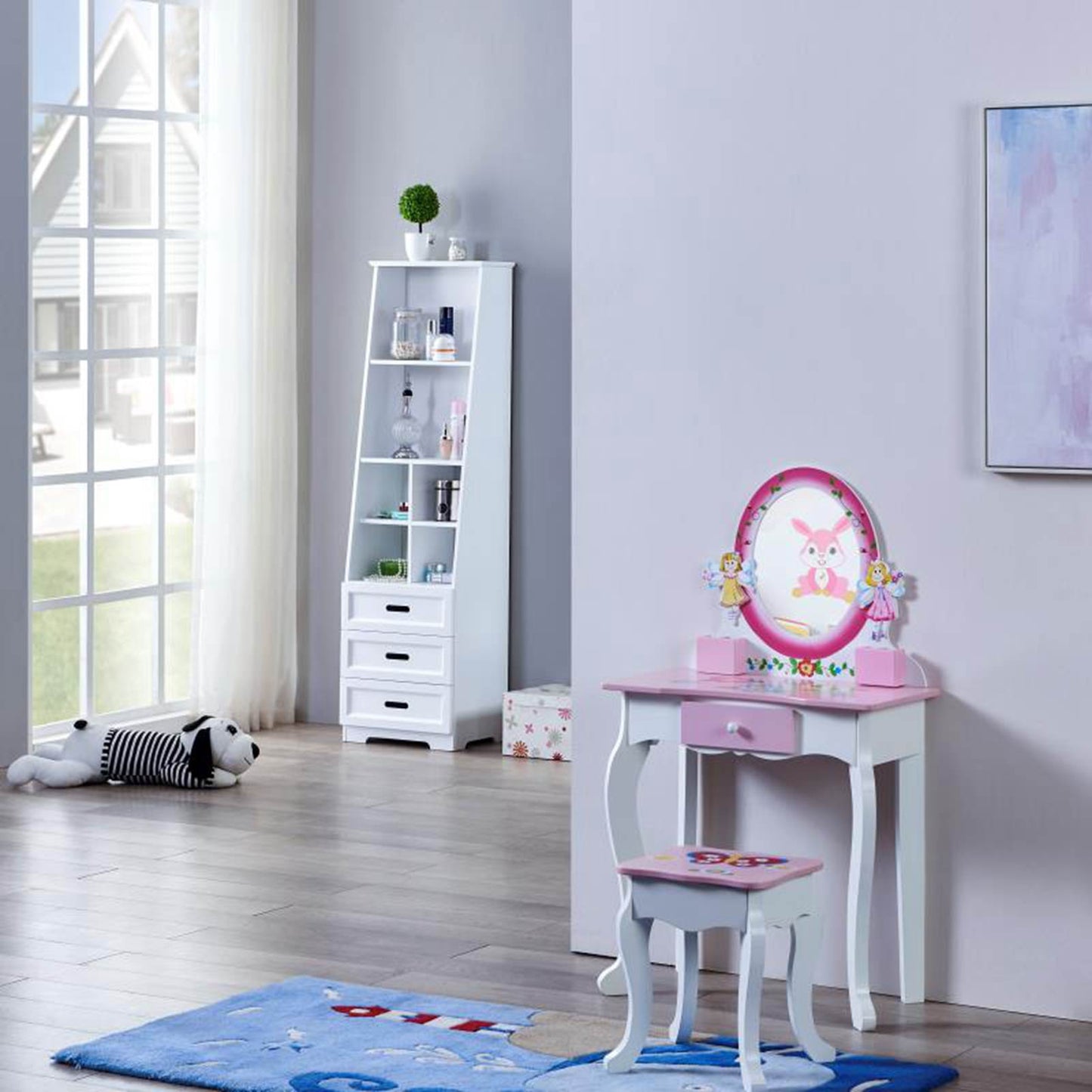 Kids Vanity Set Floral Printed Wooden Makeup Dressing Princess Table