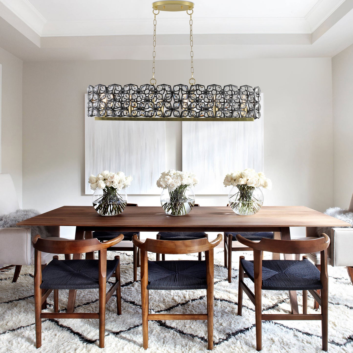 39-inch Modern Crystal and Black Gold Pendant Light Fixture for Living Room and Dining