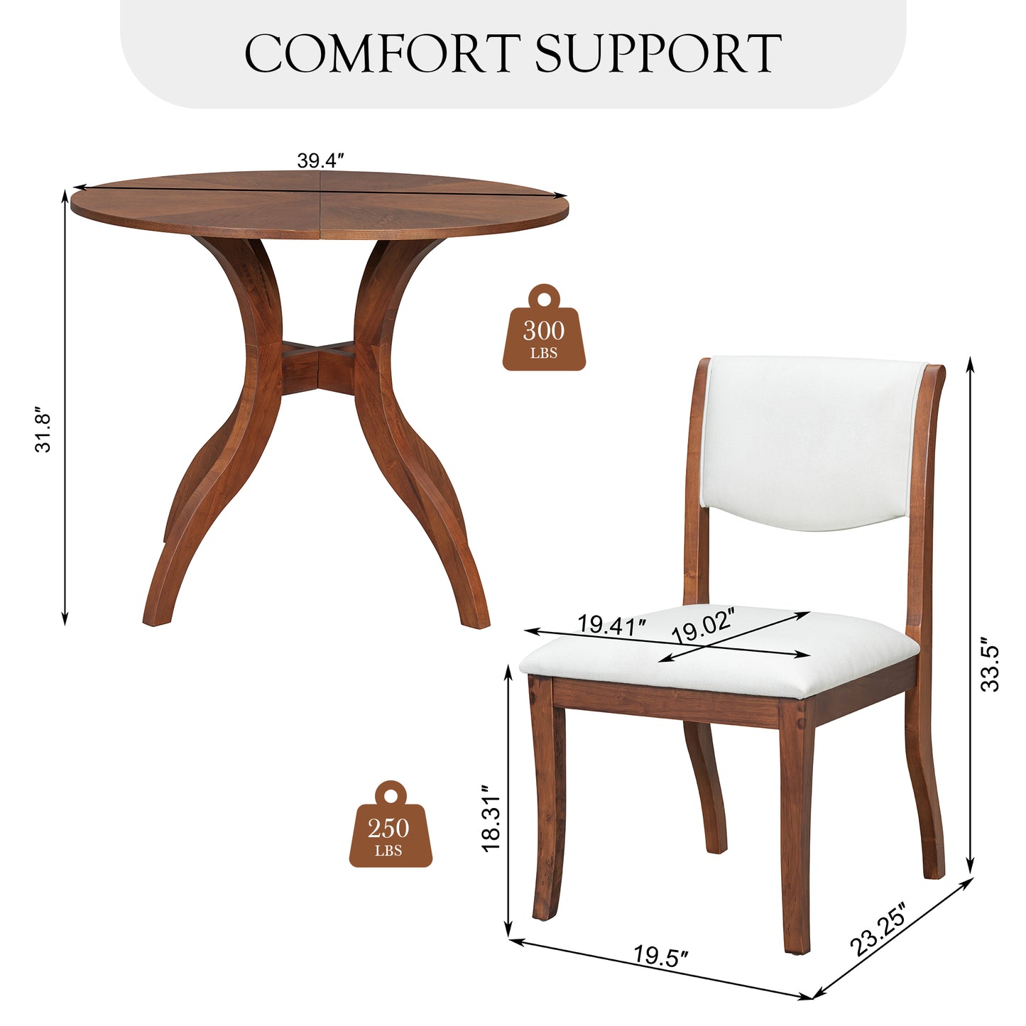 Round Walnut Dining Table Set with 2 Chairs - Traditional Design