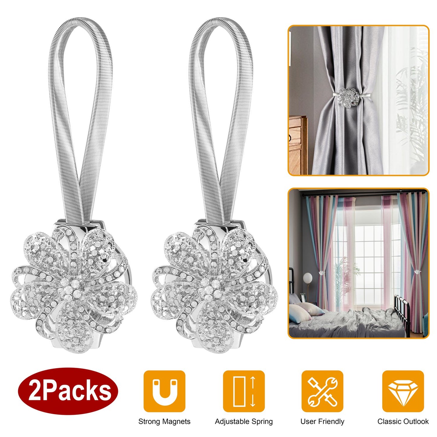 Magnetic Curtain Tiebacks - 2 Pack Silver Floral Holders