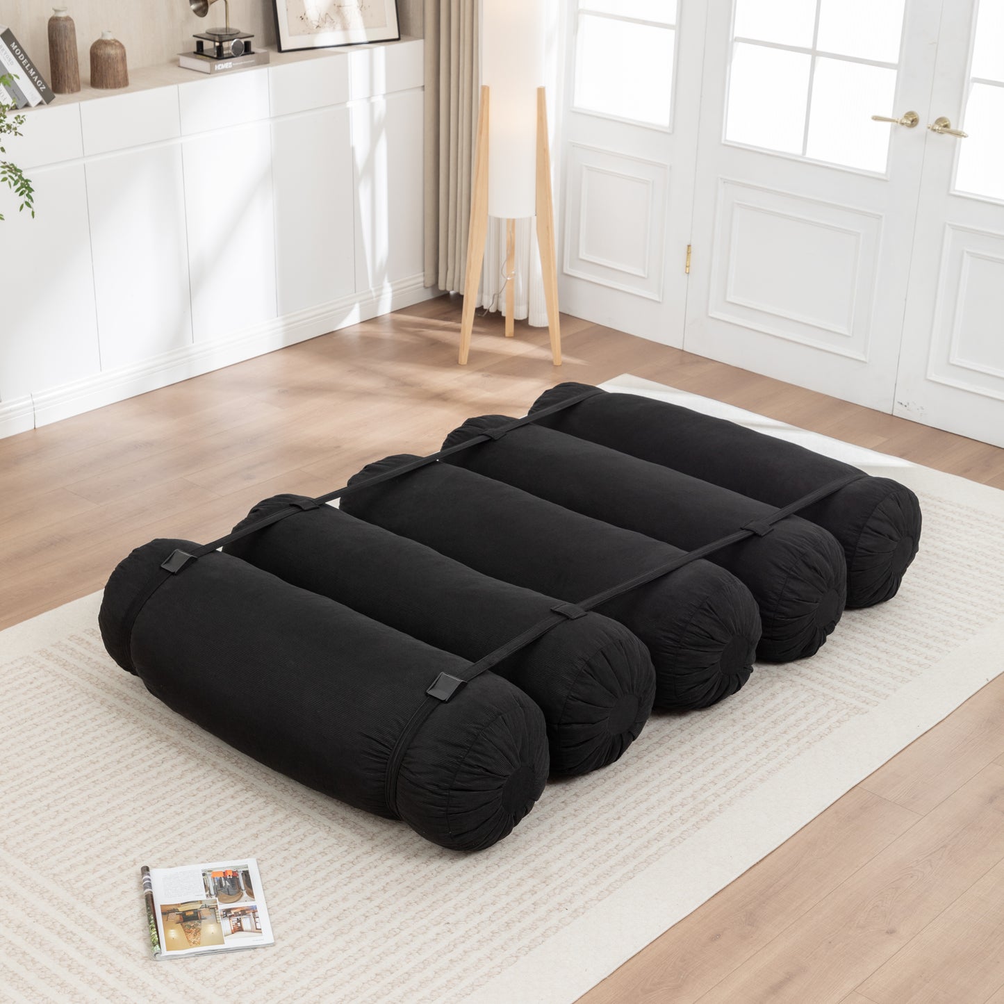 Adjustable Corduroy Floor Sofa - Black Multi-Person Leisure Chair