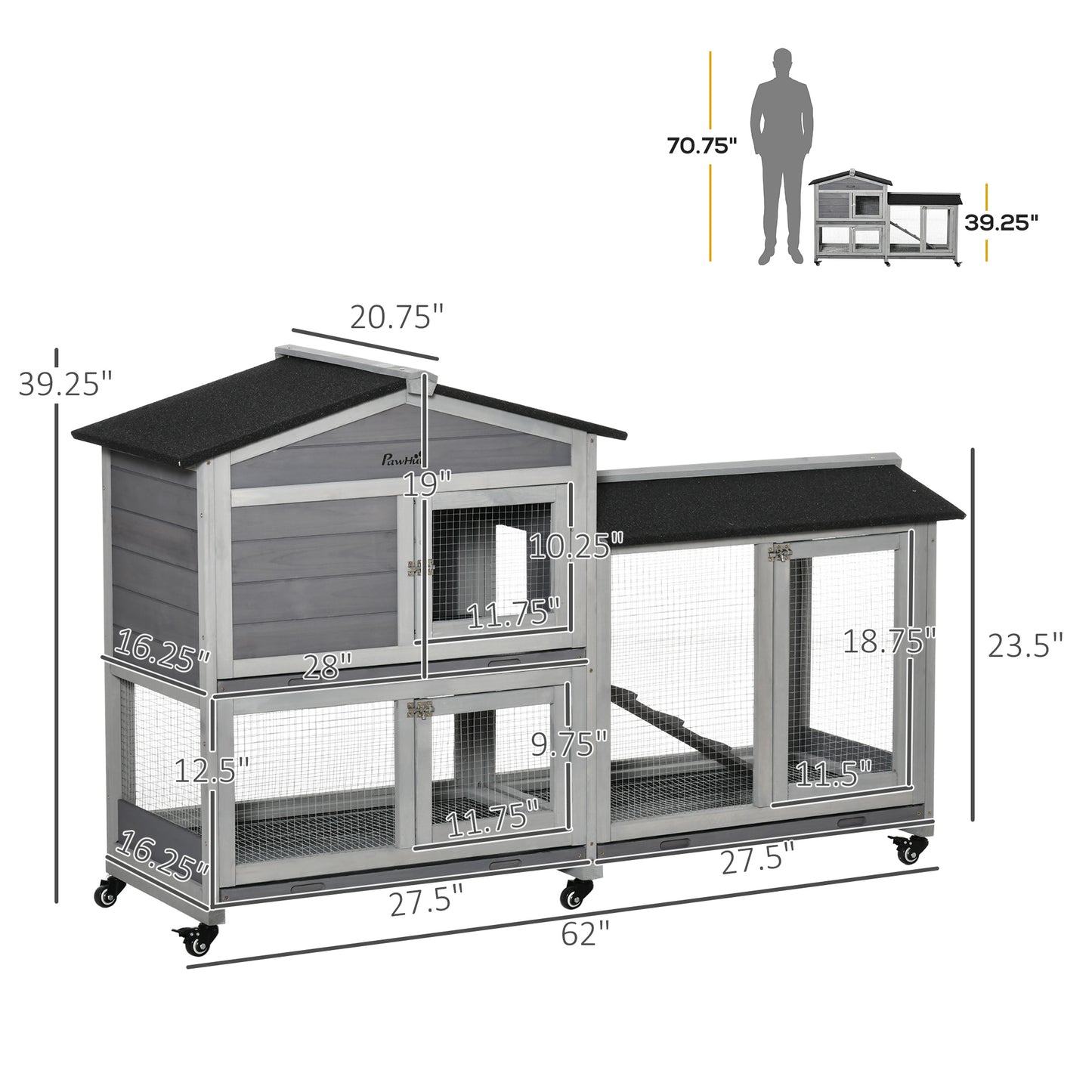 Wooden Rabbit Hutch with Wheels and Run Box - 62 Inches, Light Grey
