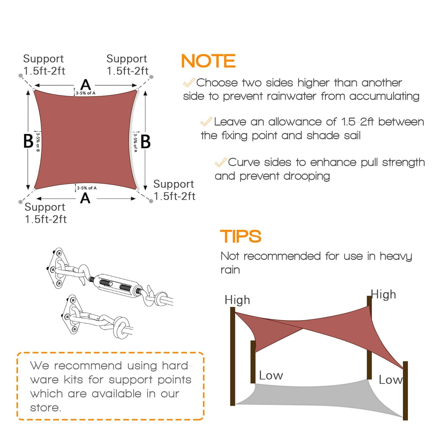 10x13 ft Sunshade Sail with UV Protection - Light Grey, Sand, Rust Red, Dark Grey, Beige, Cream, and More