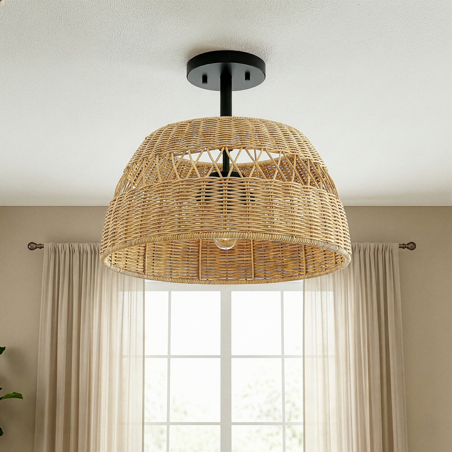 Twinkle Double Lights Semi Flush With Rattan Shade Black Metal Finish