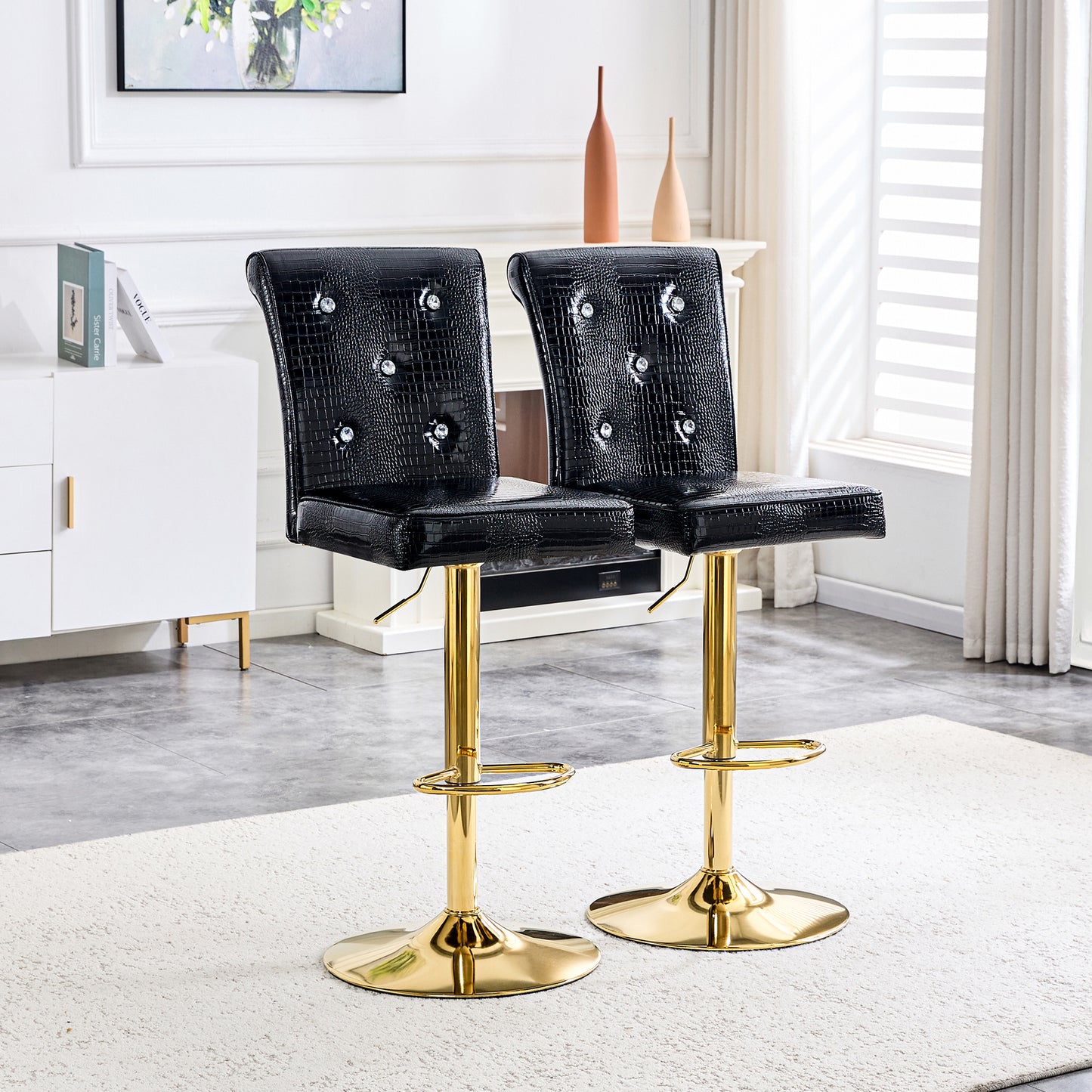 A Set Of 2 Black Vintage Crocodile Leather Lift Bar Chairs, Featuring