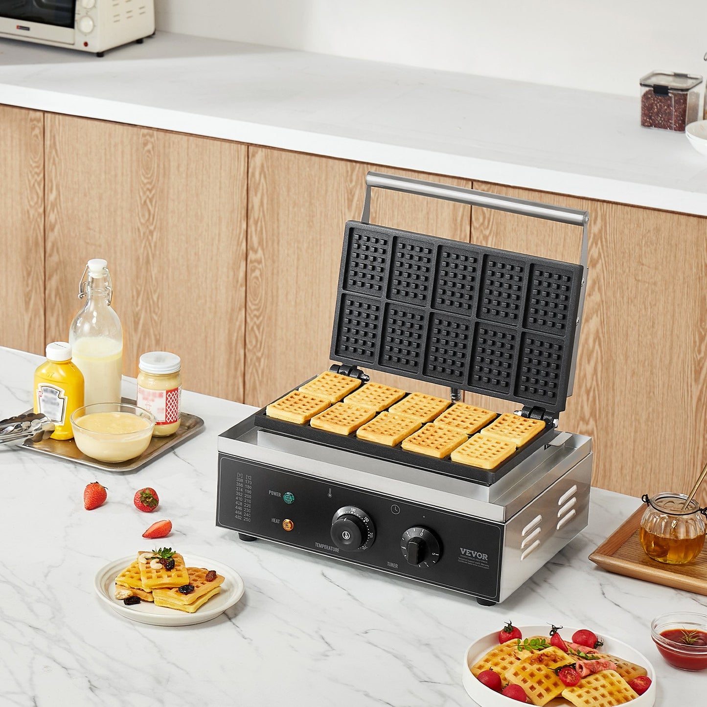Commercial Rectangle Waffle Maker Machine 1550W - 10 Waffles, Non-Stick