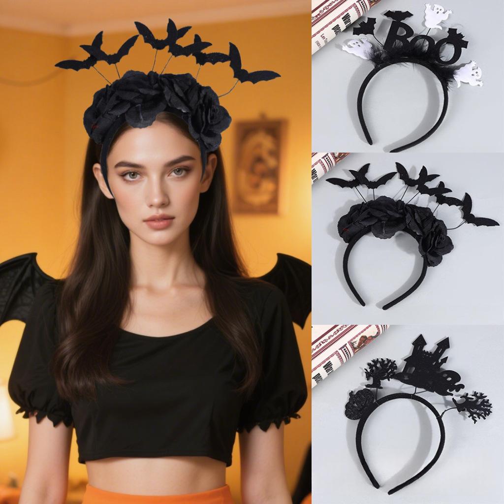 Dark Style Ghost Bat Headband with Feather and Bat Flower Design - Unisex Hair Accessory