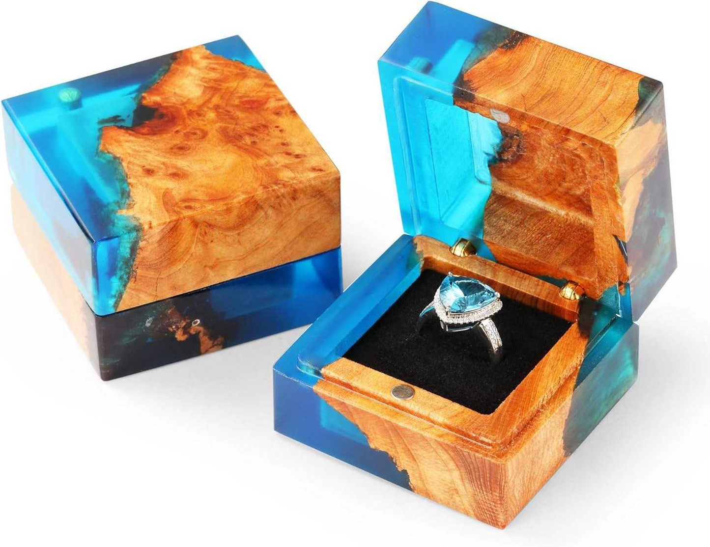 Wood Resin Ring Box - Blue Jewelry Storage Container for Engagement & Gift
