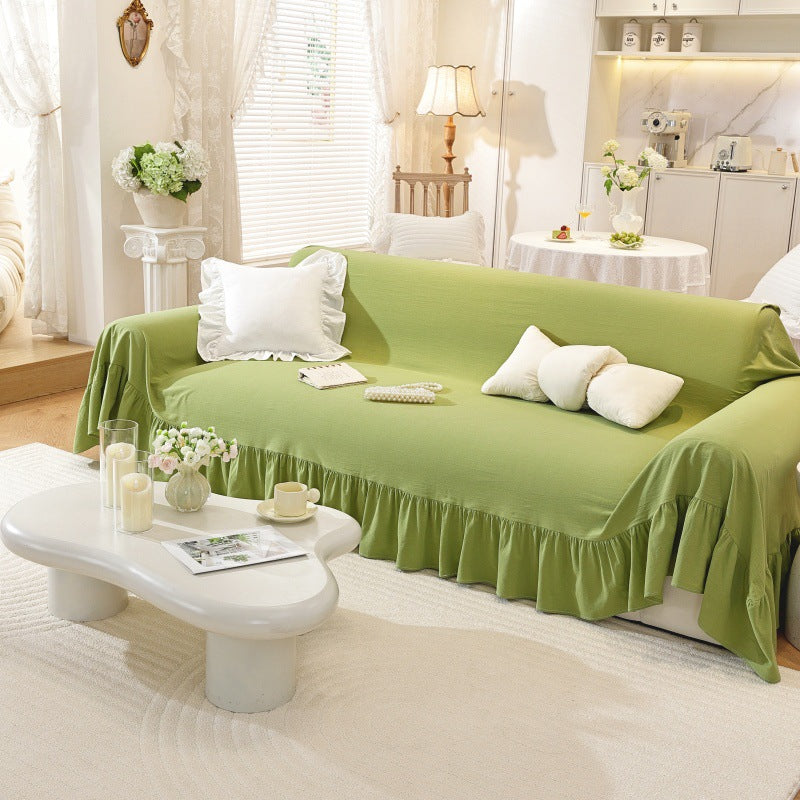 Linen-Colored Ruffled Edge Sofa Cover - Full-Cover Dust Protector