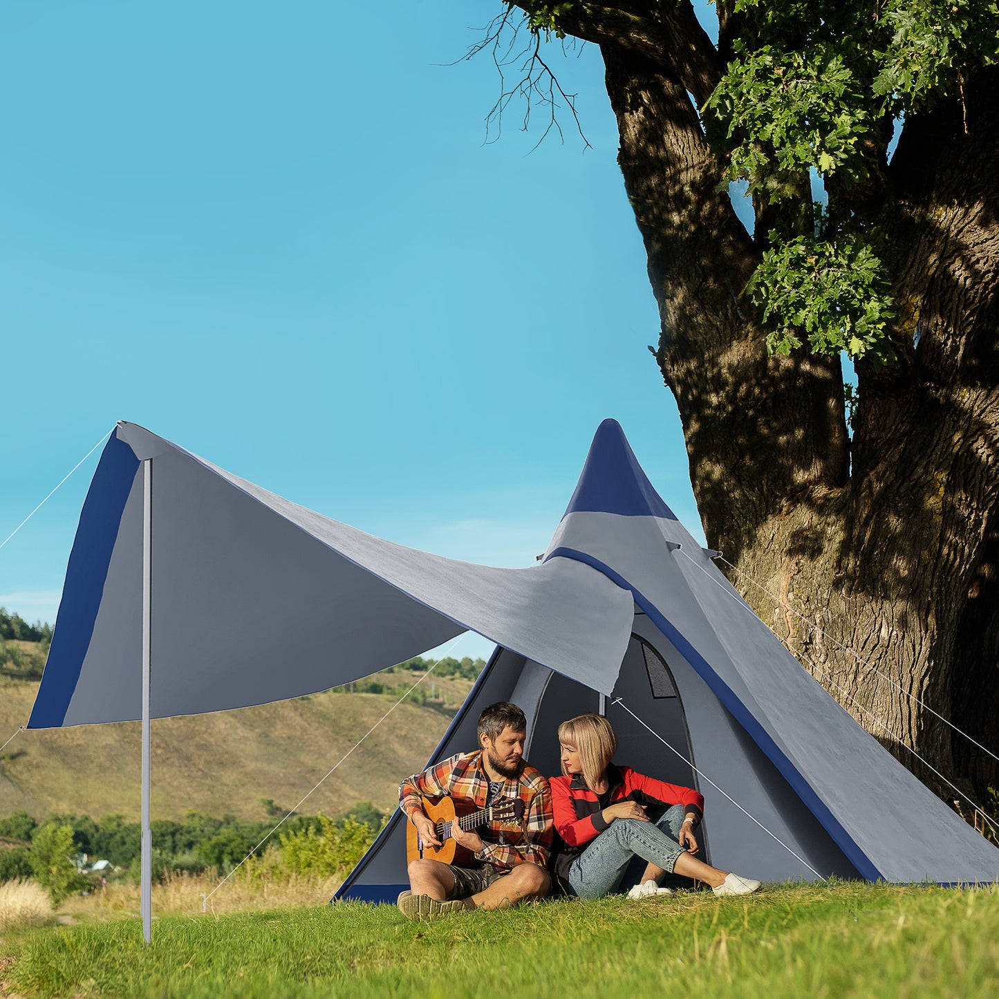 Waterproof 2-3 Person Camping Teepee Tent with Porch - Blue