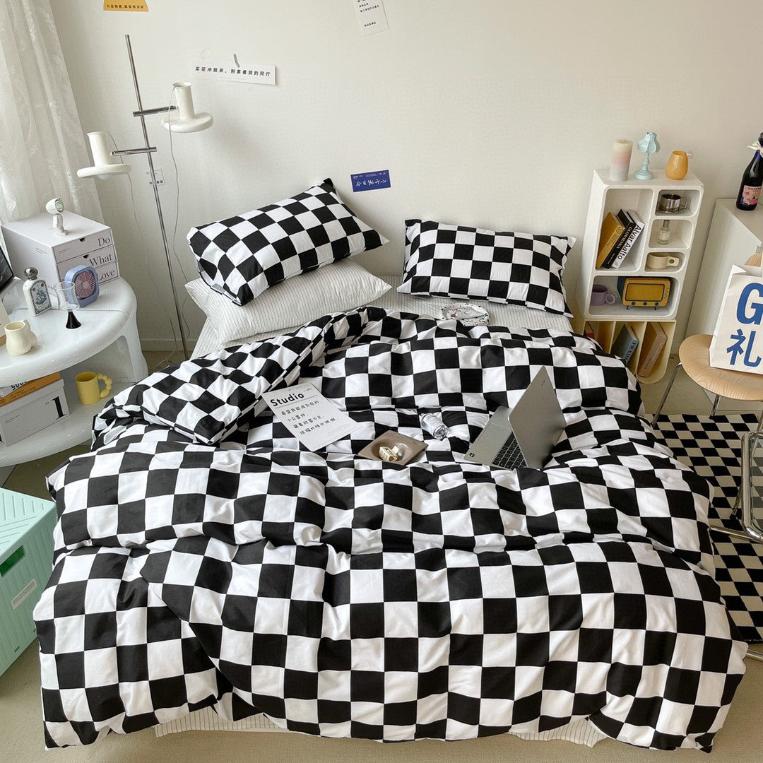 Cotton Checkered Bed Set - 4 Pieces Modern Geometric Bedding Collection