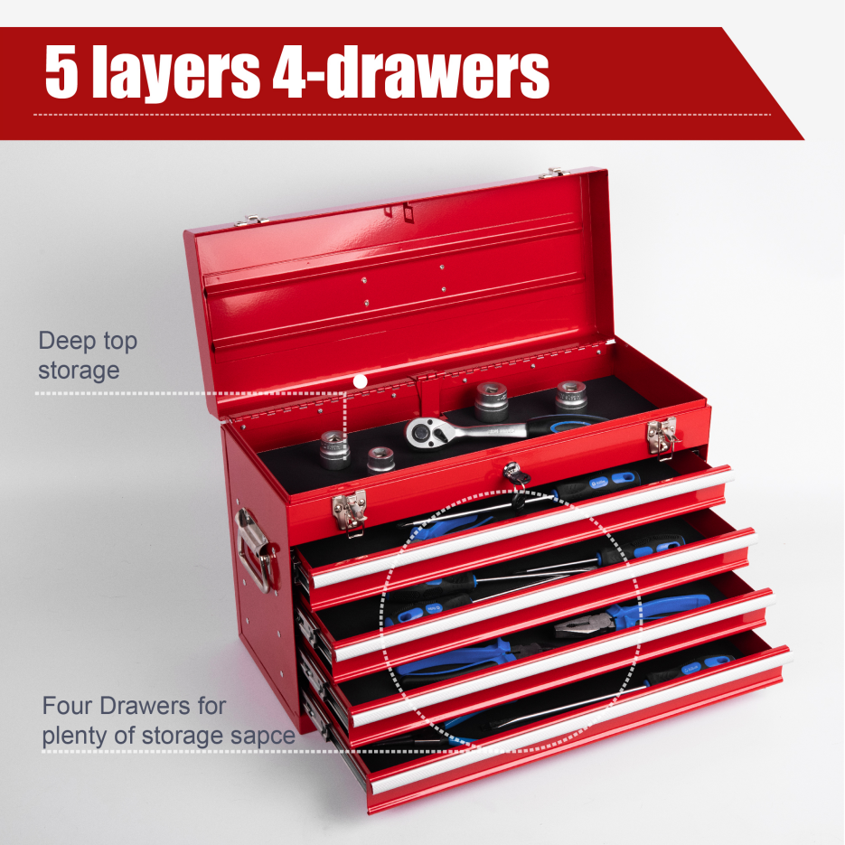 Heavy Duty Metal Tool Box 21-Inch with 4 Drawers, Locking & EVA Liners