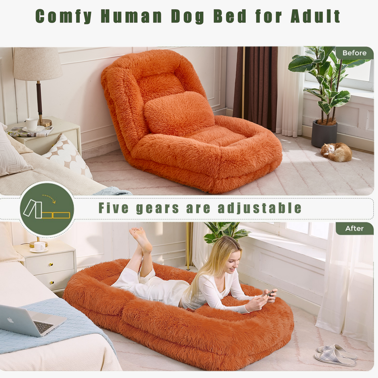 Adjustable Human Dog Bed & Lazy Sofa - Orange Plush Fabric
