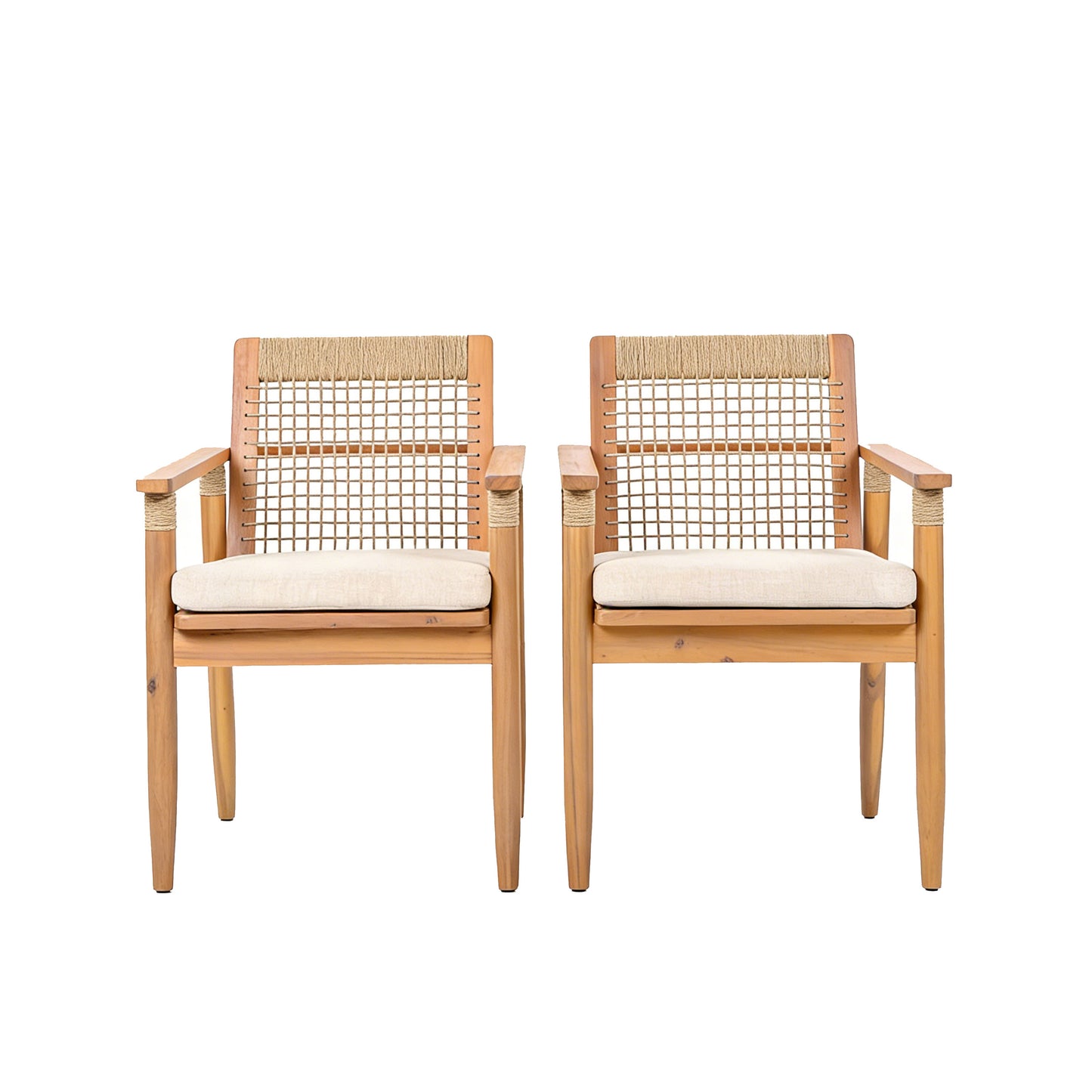 Acacia Wood Outdoor Dining Chairs Set of 2 with Beige Cushions