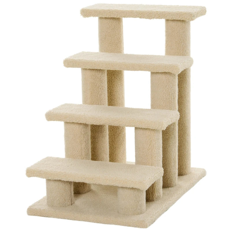 Multi-Level Carpeted Cat Scratching Post with Stairs - Cream White