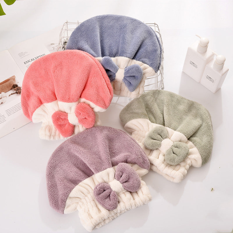 Absorbent Coral Velvet Hair Drying Cap with Bow for Hair Care and Styling