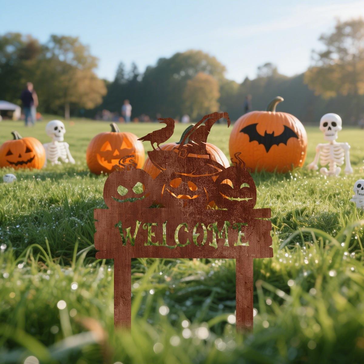 Rusted Metal Pumpkin Yard Sign with Ground Stake for Halloween Decor