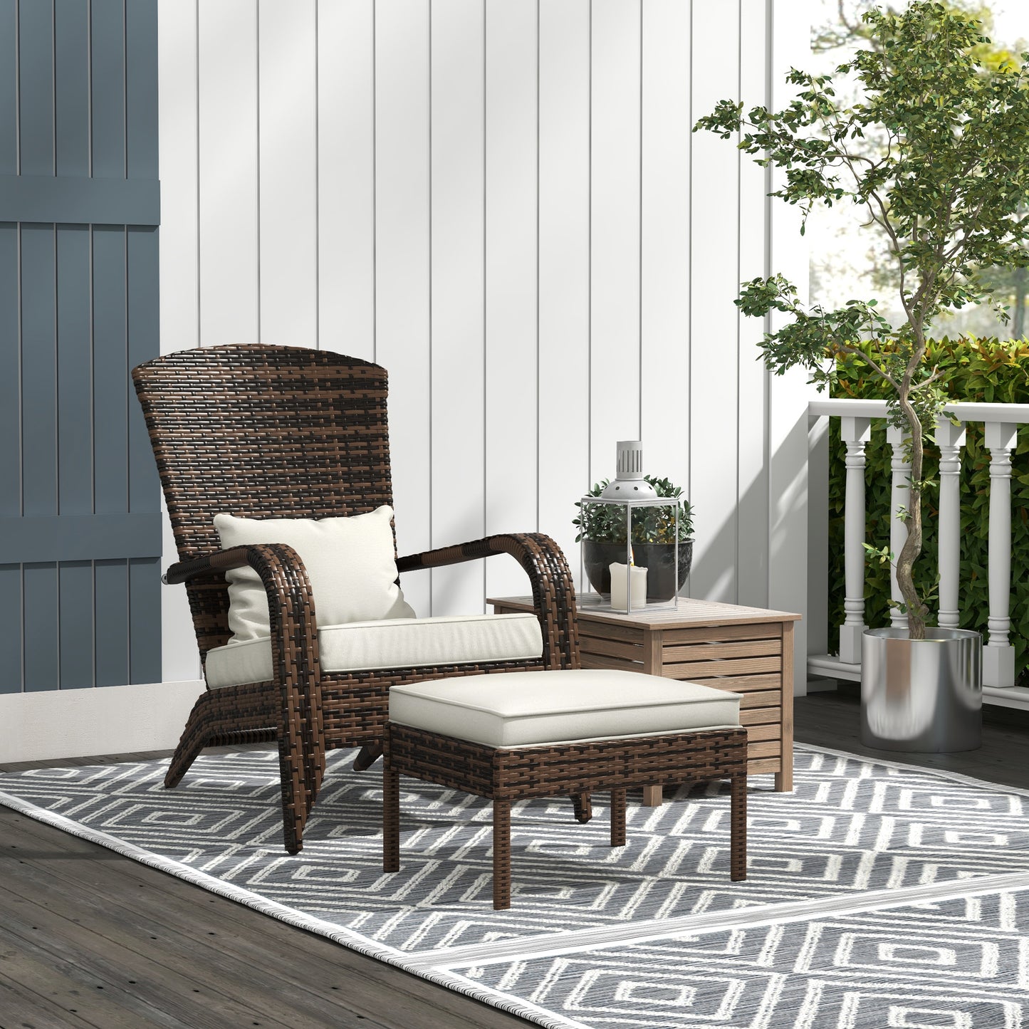 Wicker Adirondack Chair with Ottoman & Cushions - Cream White