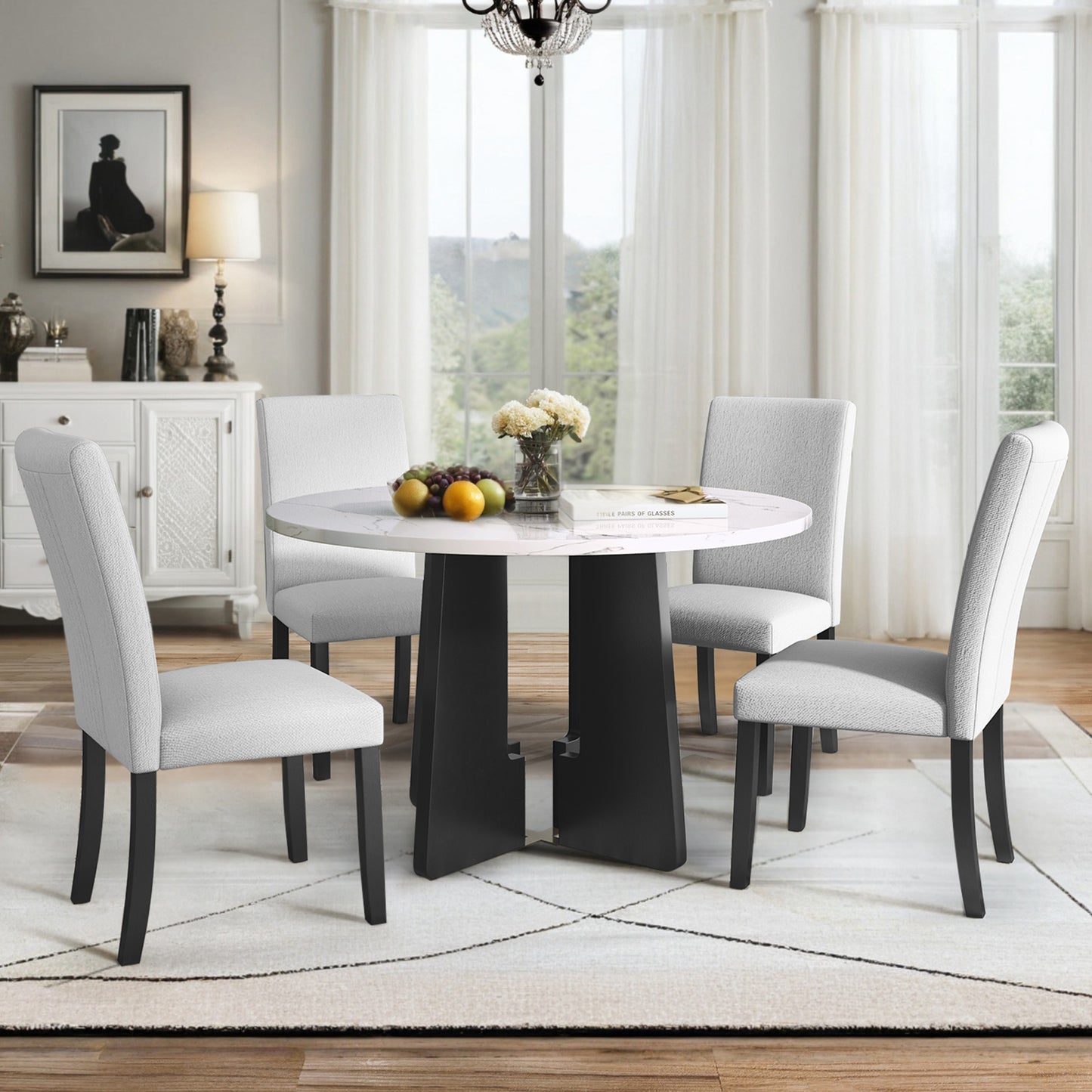 5-Piece Round Dining Table Set, 43-Inch Modern And 4 Upholstered