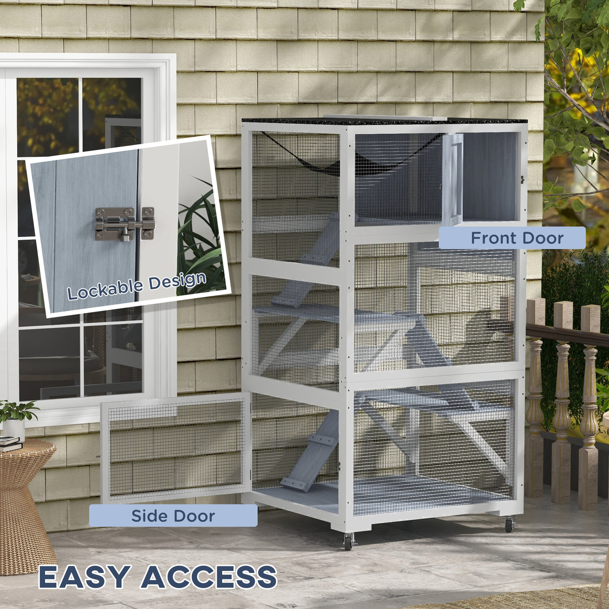 Outdoor Cat Enclosure House with Wheels, Hammock & Ramps, Gray - 970x630x335mm