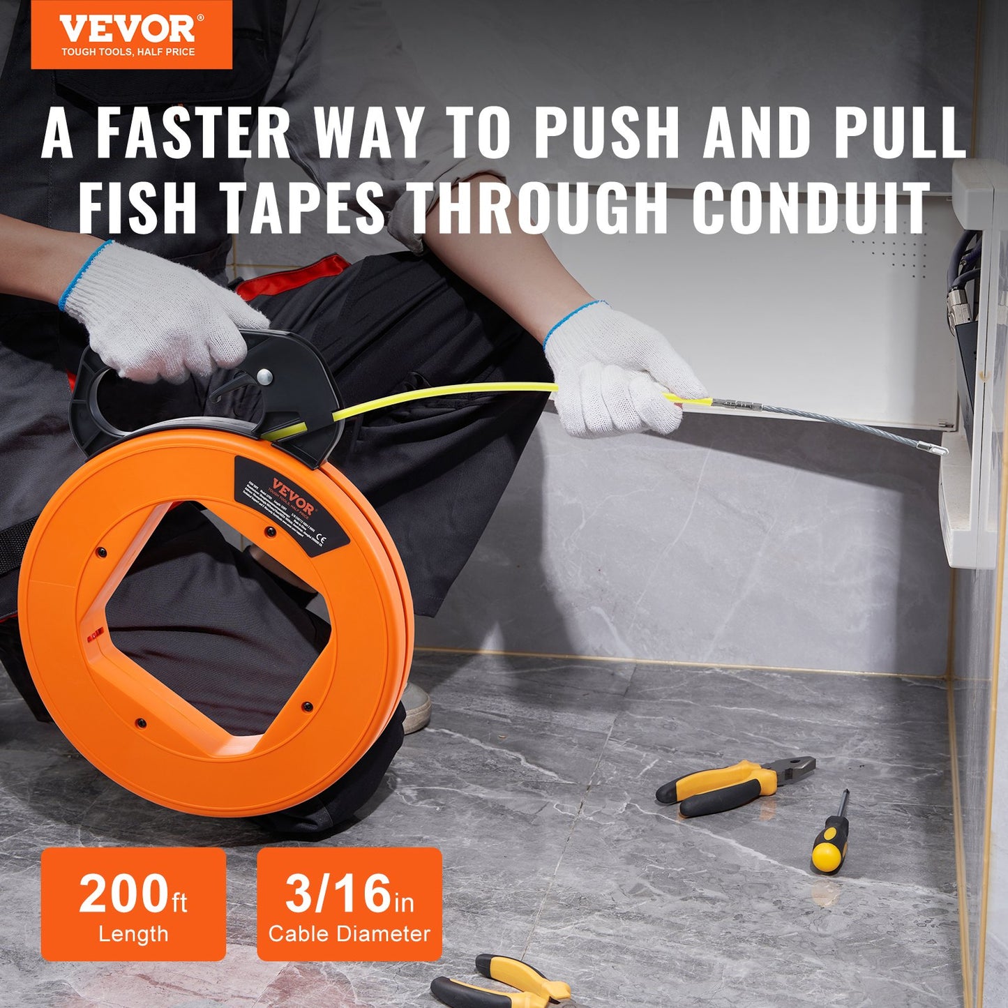 Fiberglass Fish Tape for Cable Pulling 200ft 3/16in Non-Conductive Tool Set