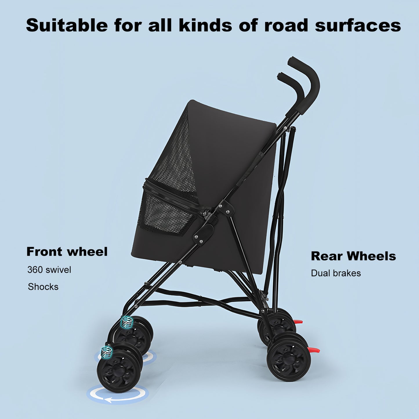Pet Stroller for Small Dogs Cats with Mesh Ventilation Foldable Design Black