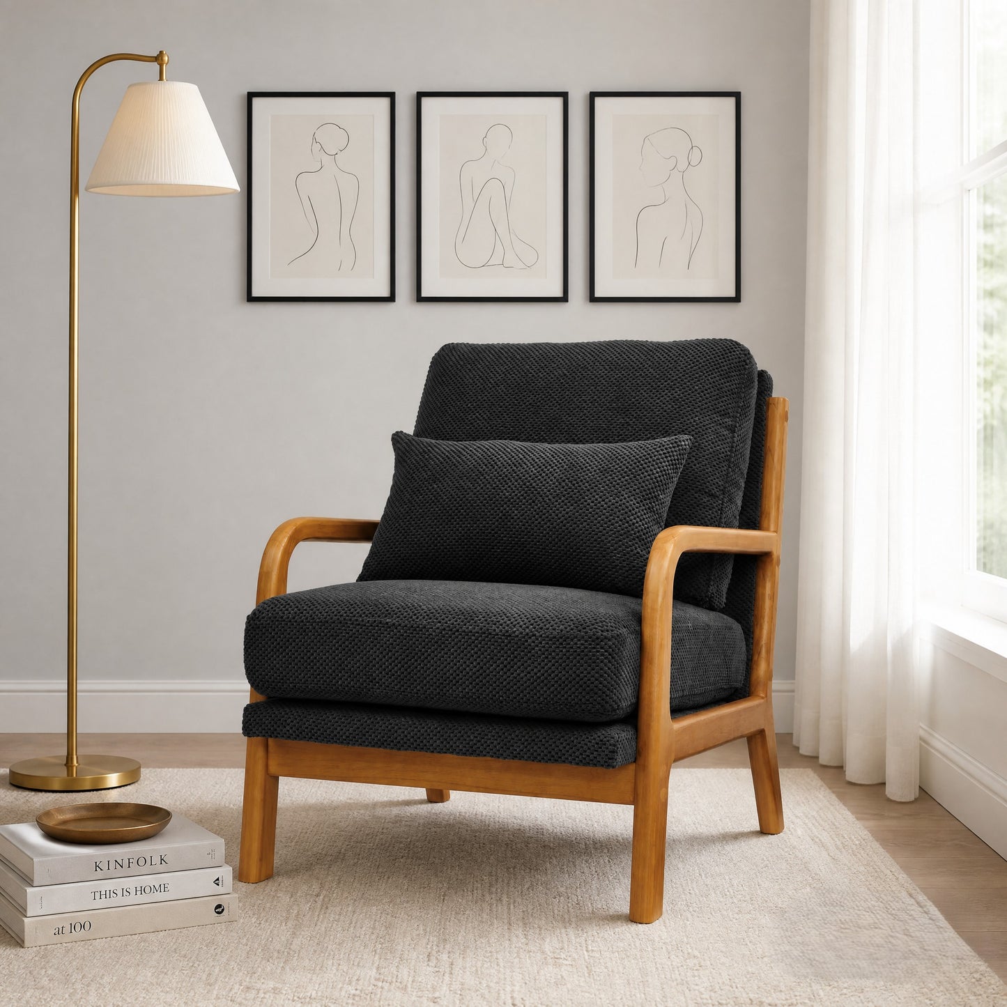 Mid-Century Modern Wooden Lounge Chair - Dark Gray Fabric
