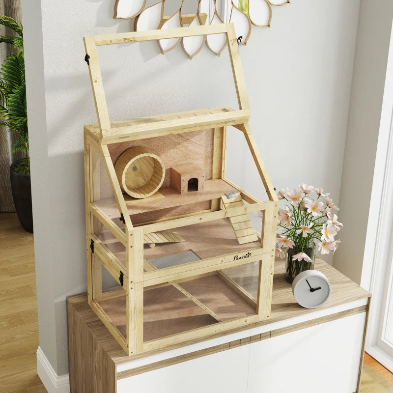 3 Tier Wooden Hamster Cage with Detachable Bottom, Hut, Seesaw, Ramps & Exercise Wheel
