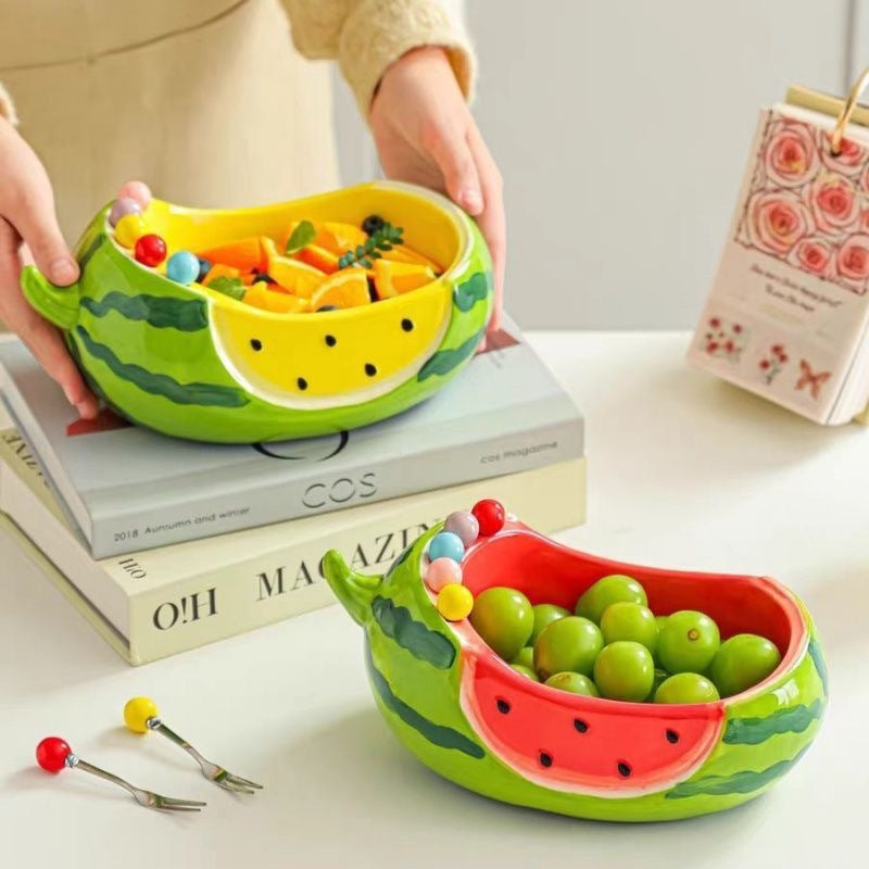 Watermelon-Shaped Ceramic Fruit Plate for Living Room Coffee Table - Multiple Colors