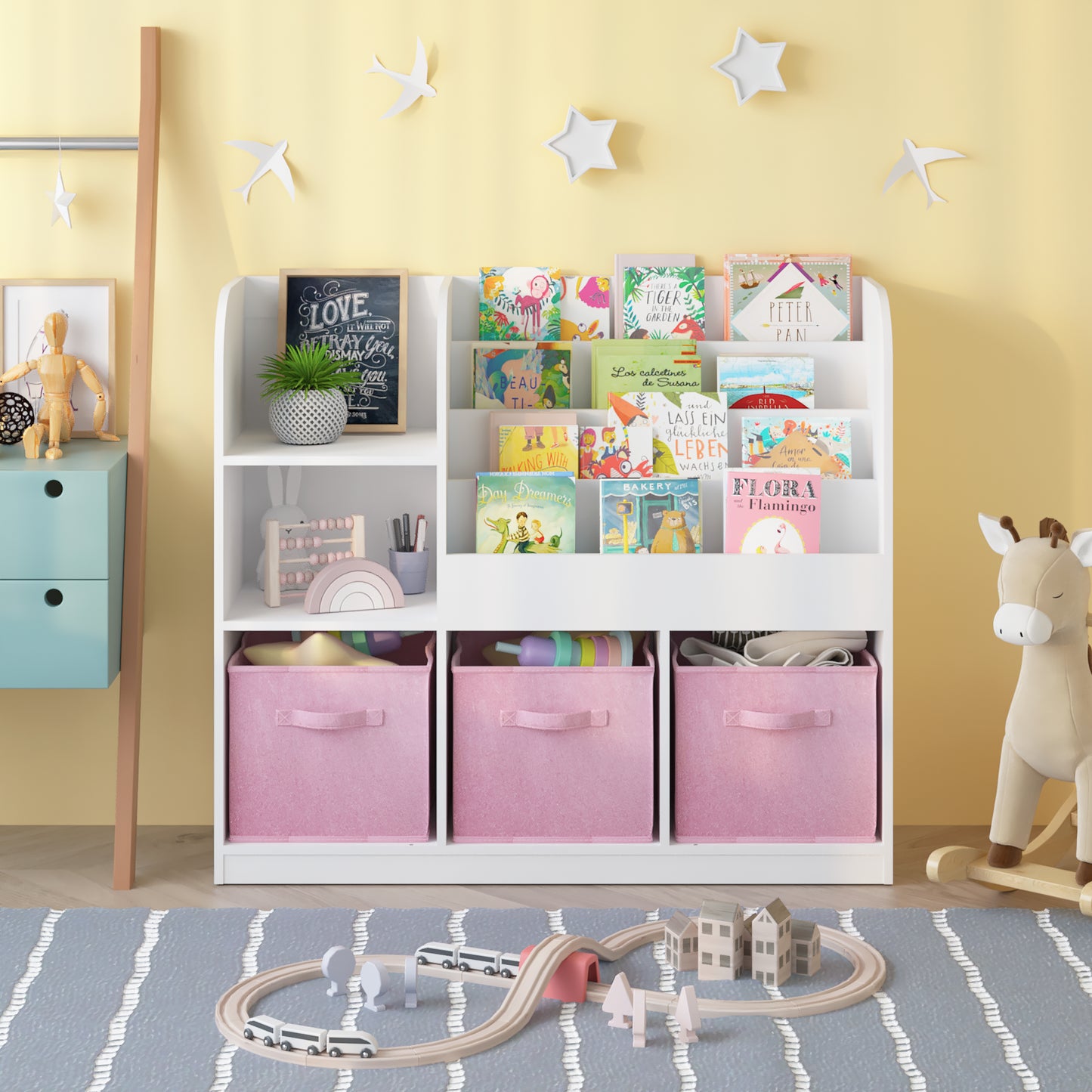Kids Bookcase with 3 Fabric Drawers - White and Pink
